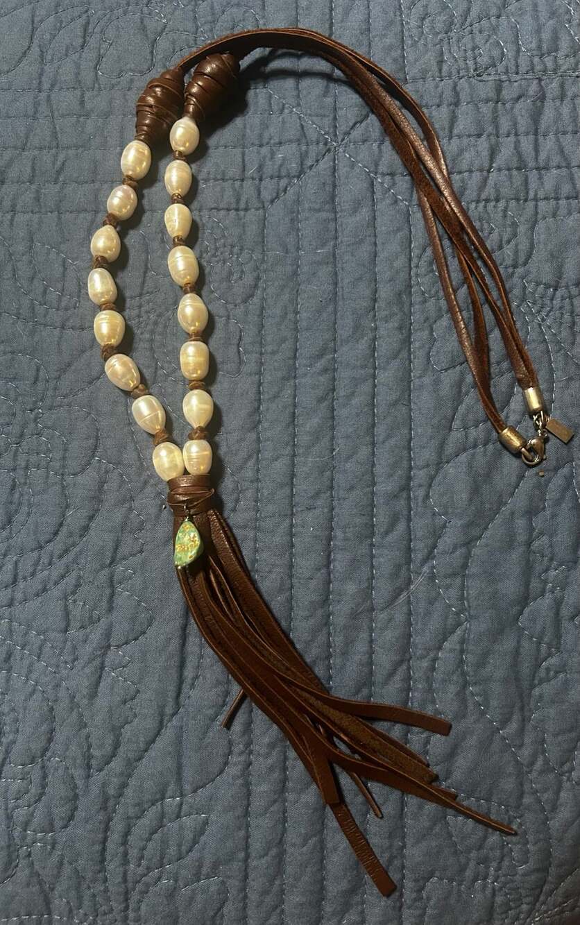 Larissa White Turquoise Lariat Necklace with Pearls and Leather Tassel
